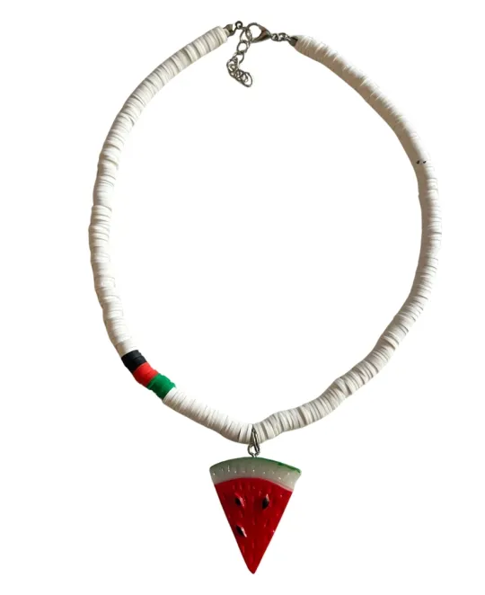 Silver-toned beaded necklace with colorful accents and red triangular pendant