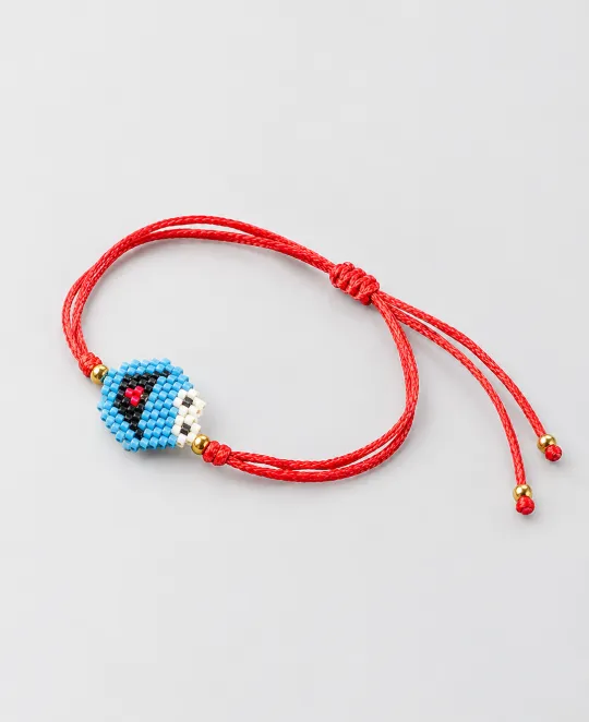 Red cord bracelet with blue mosaic square centerpiece and adjustable closure