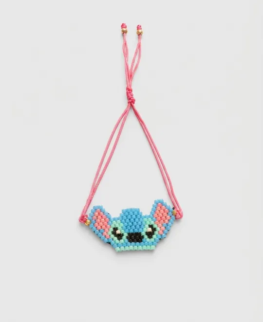 Blue character face necklace with pink cord