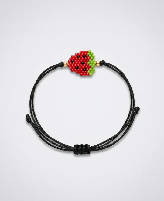 Black cord bracelet with red and gold beaded strawberry charm