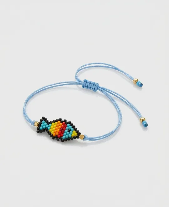 Light blue cord bracelet with multicolored beaded hamsa hand charm