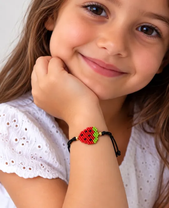 Girl wearing a colorful beaded bracelet with rainbow colors and a heart charm