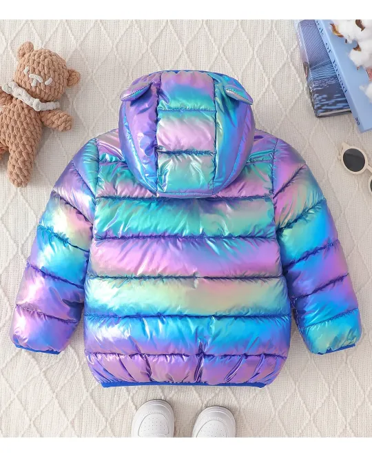 Iridescent striped puffer jacket in rainbow colors with hood