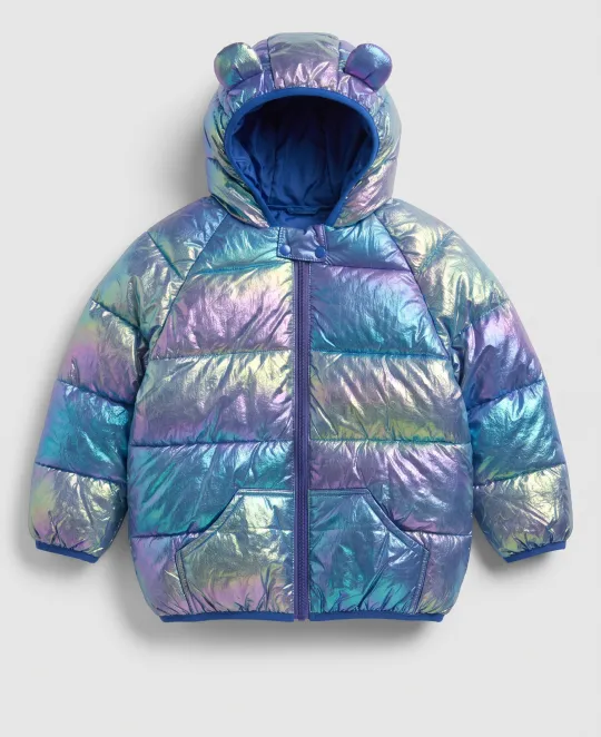 Iridescent blue puffer jacket with hood for children