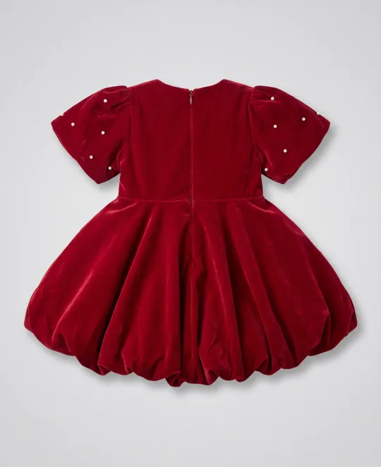Red velvet bubble hem dress with short puffed sleeves