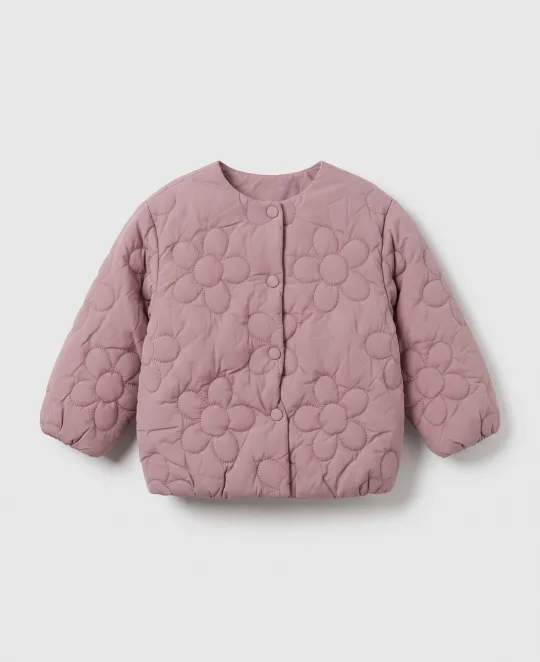Mauve quilted puffer jacket for toddlers on gray background