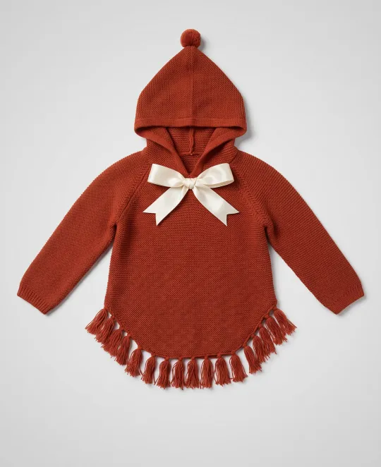 Rust-colored knit hooded sweater with white bow detail and scalloped hem