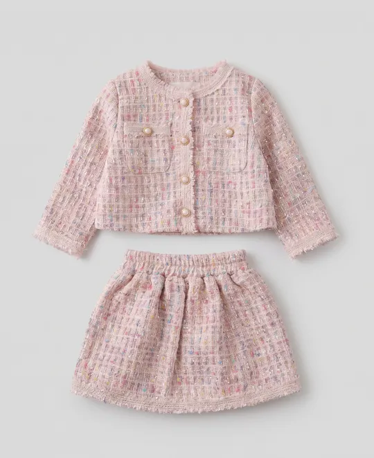Pink tweed jacket and matching skirt set for toddlers