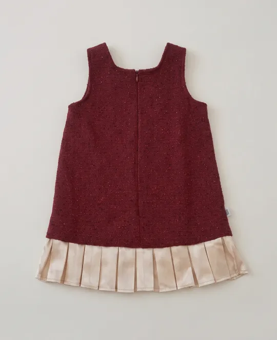 Burgundy sleeveless dress with cream pleated ruffle hem