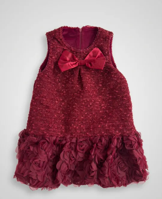 Burgundy sleeveless dress with ruffled neckline and hem