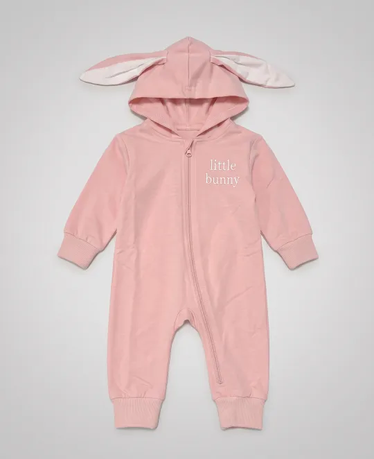 Pink hooded romper with bunny ears on hood