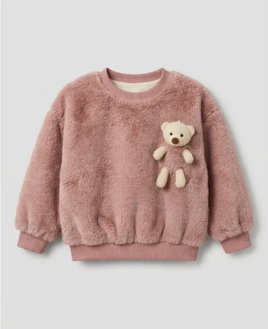 Mauve fuzzy sweatshirt with teddy bear appliqué on chest