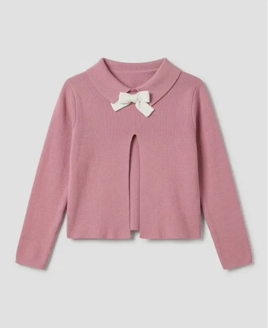 Pink cardigan with white bow detail at neckline