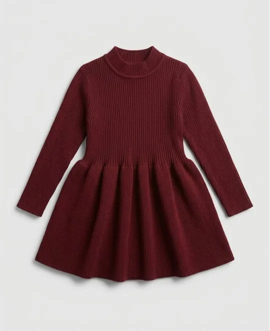 Long-sleeved burgundy dress with gathered waist and flared skirt