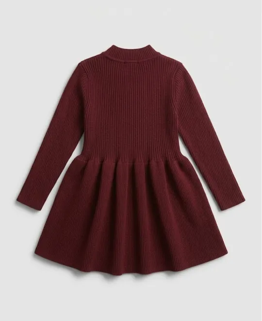Burgundy long-sleeve dress with gathered skirt on gray background