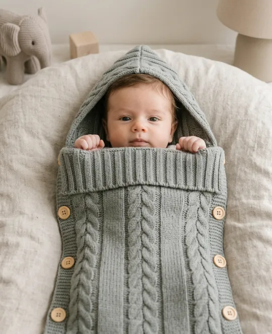 Baby in gray cable-knit sleep sack on white bedding