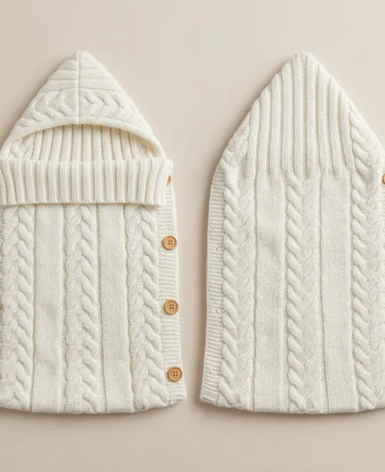 Two cream-colored cable knit baby bunting bags with wooden buttons on beige background