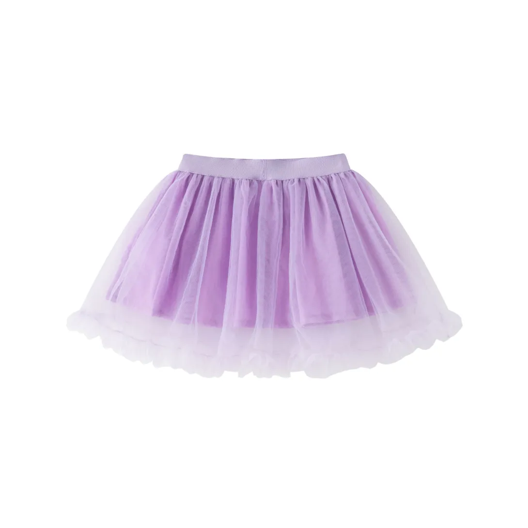 Purple tulle skirt with elastic waistband on white background