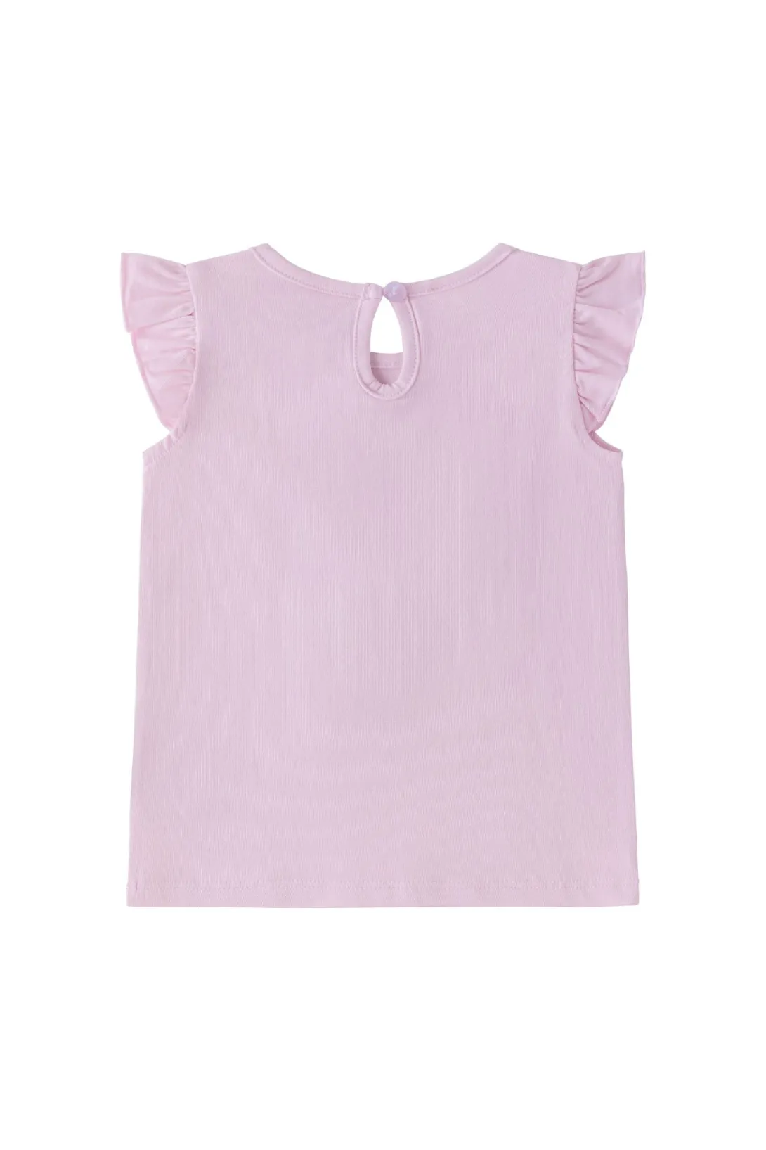 Pink short-sleeve top with ruffled cap sleeves and keyhole back closure