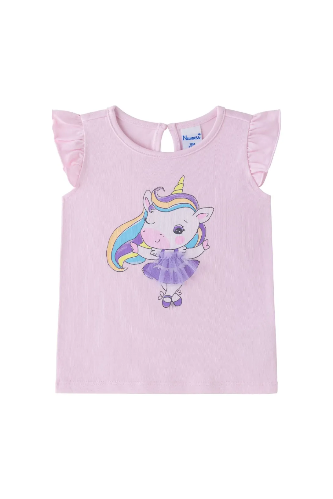 Pink short-sleeve shirt with ruffled shoulders and floral unicorn graphic