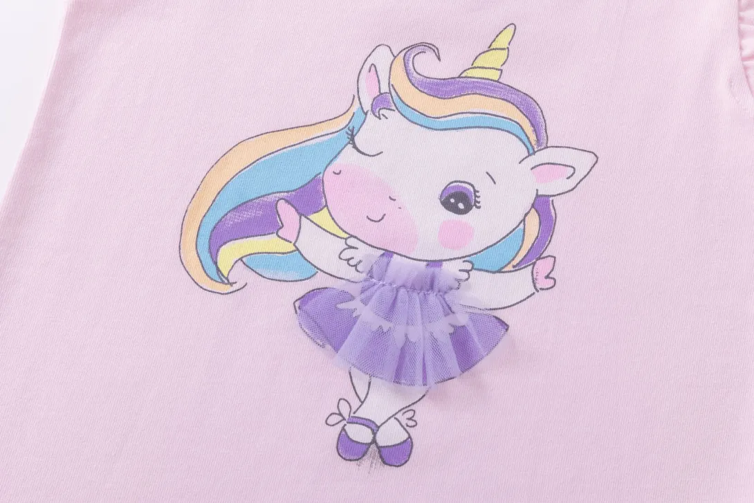 Light pink t-shirt with white unicorn wearing purple tutu graphic