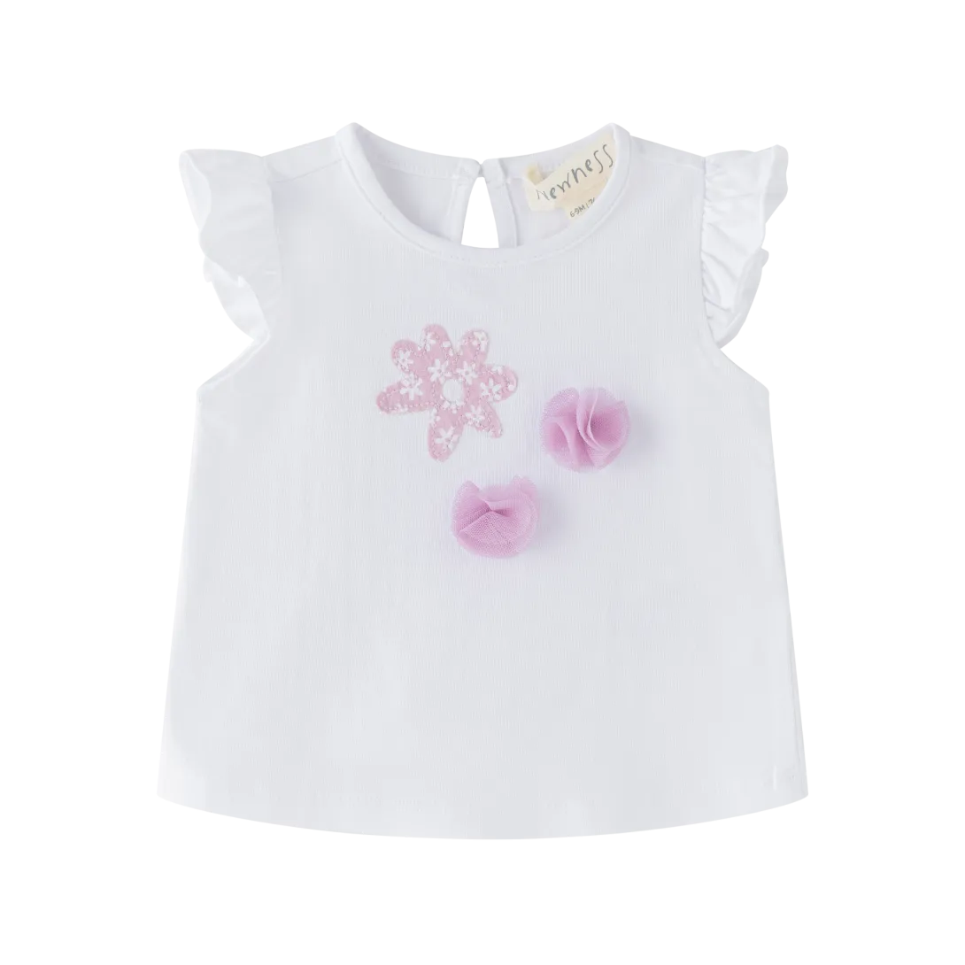 White baby top with flutter sleeves and pink floral appliqués