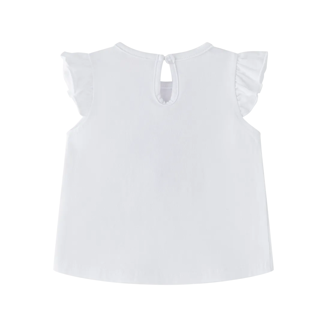 White short-sleeve top with flutter sleeves and keyhole back closure