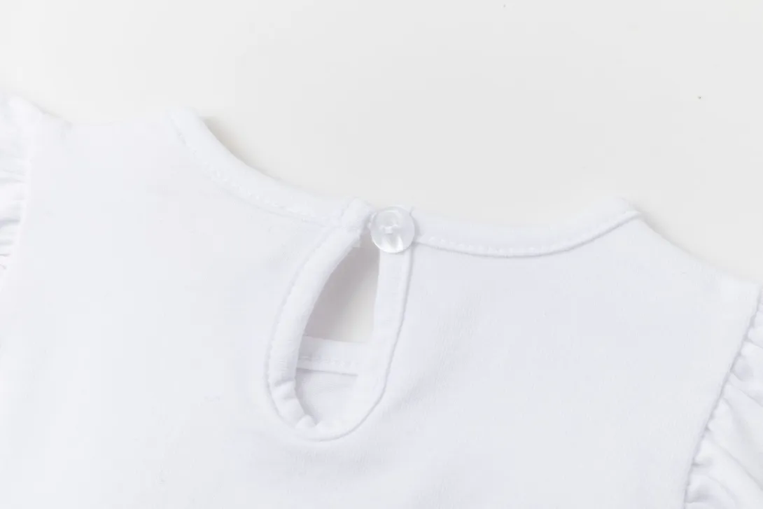 White infant bodysuit with envelope neckline on white background