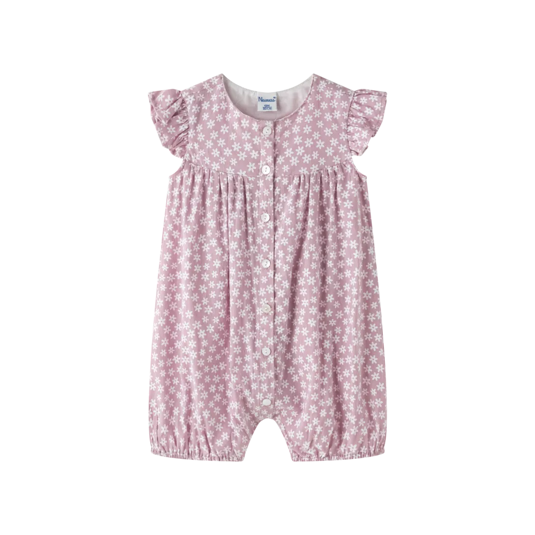 Pink floral print baby romper with flutter sleeves and button front