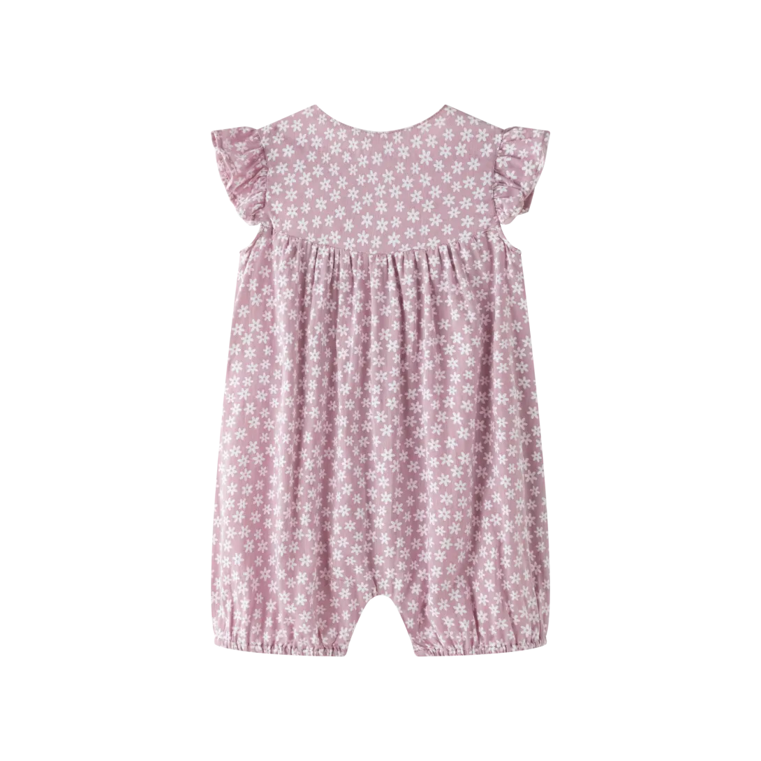 Pink and white polka dot baby romper with short sleeves and gathered chest