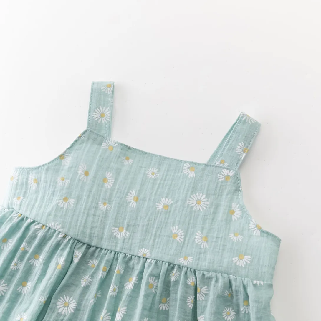 Light blue sleeveless dress with embroidered floral detail on bodice