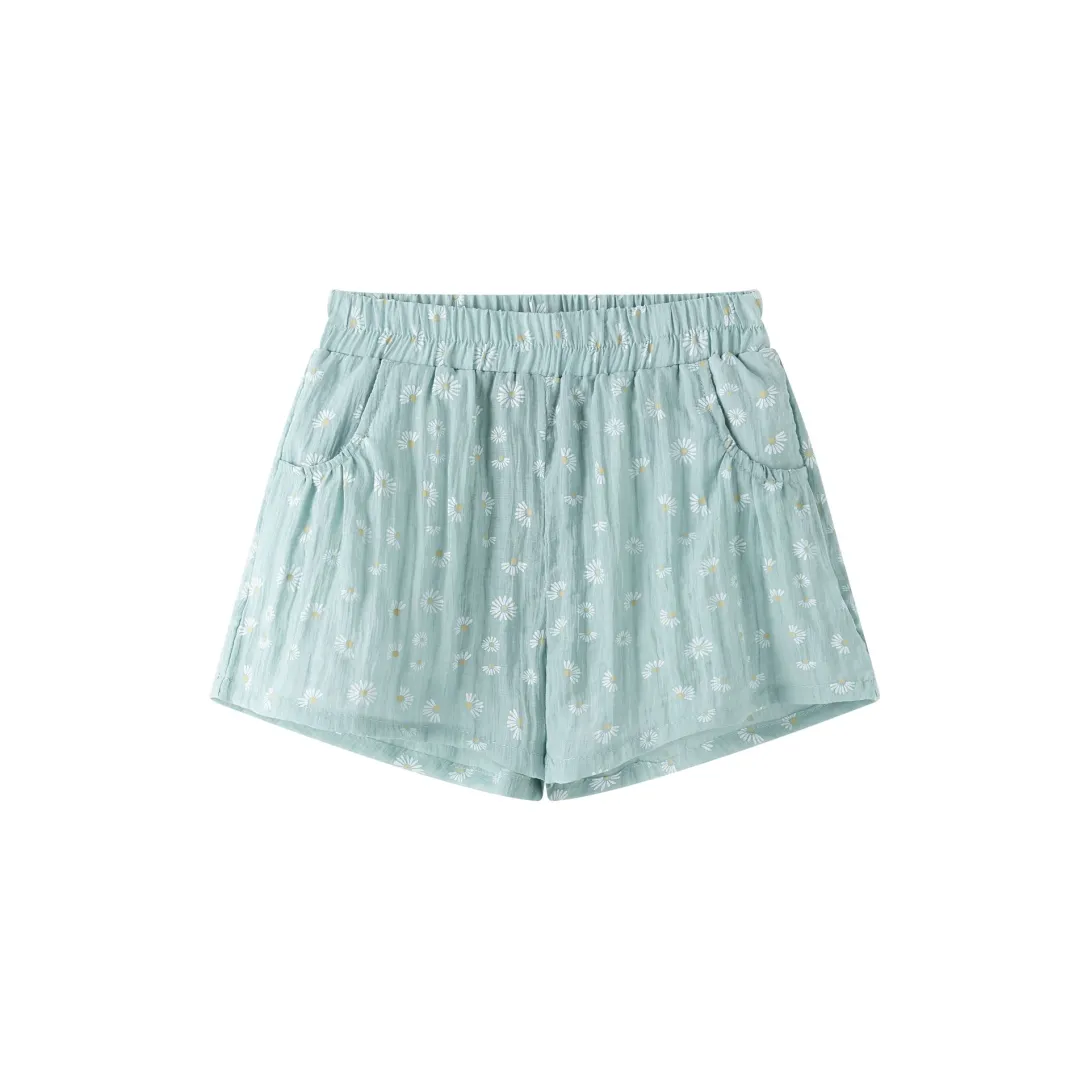 Light blue striped shorts with elastic waistband and side pockets