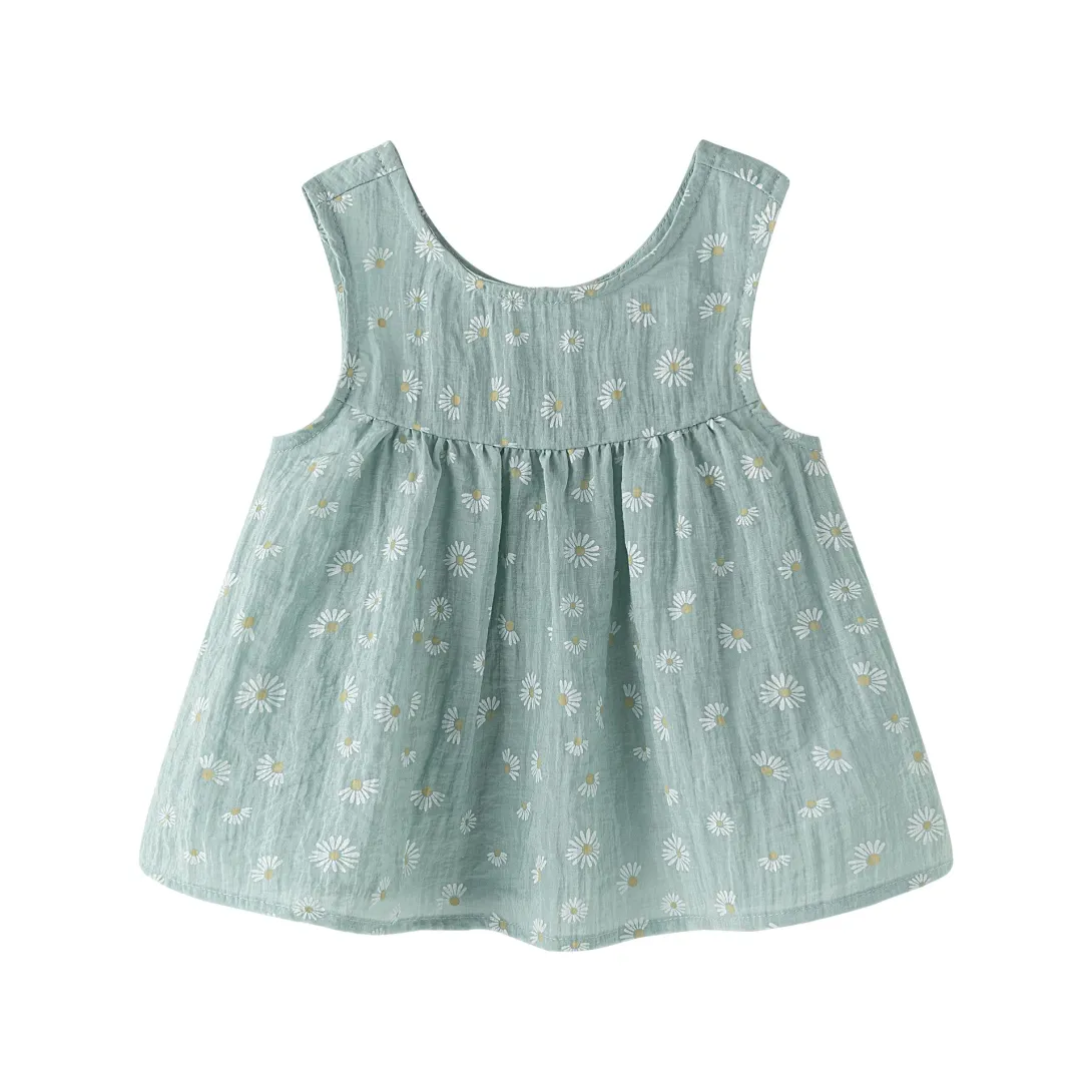 Light blue-green sleeveless dress with small floral print and smocked bodice
