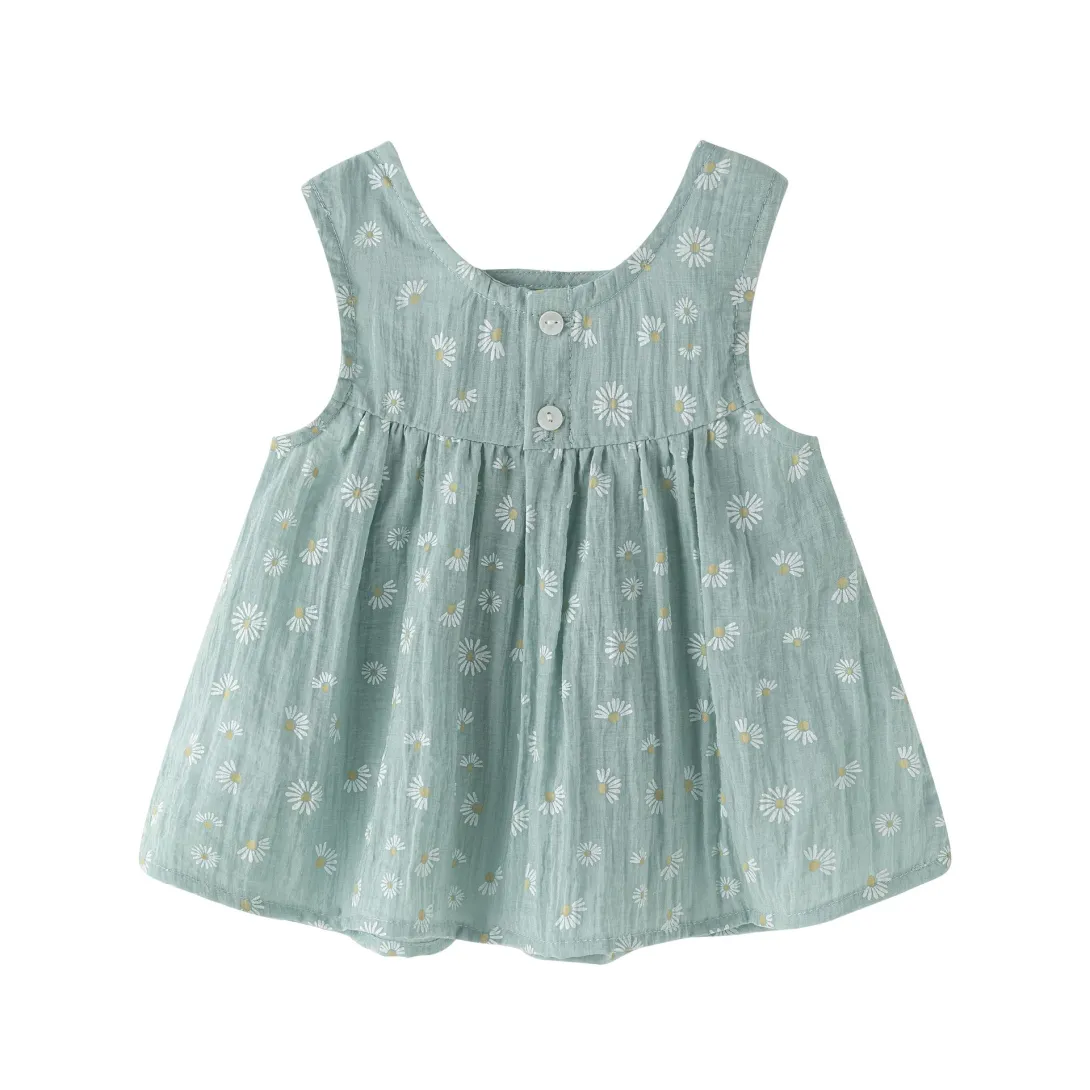 Sage green sleeveless baby dress with white floral print and gathered bodice