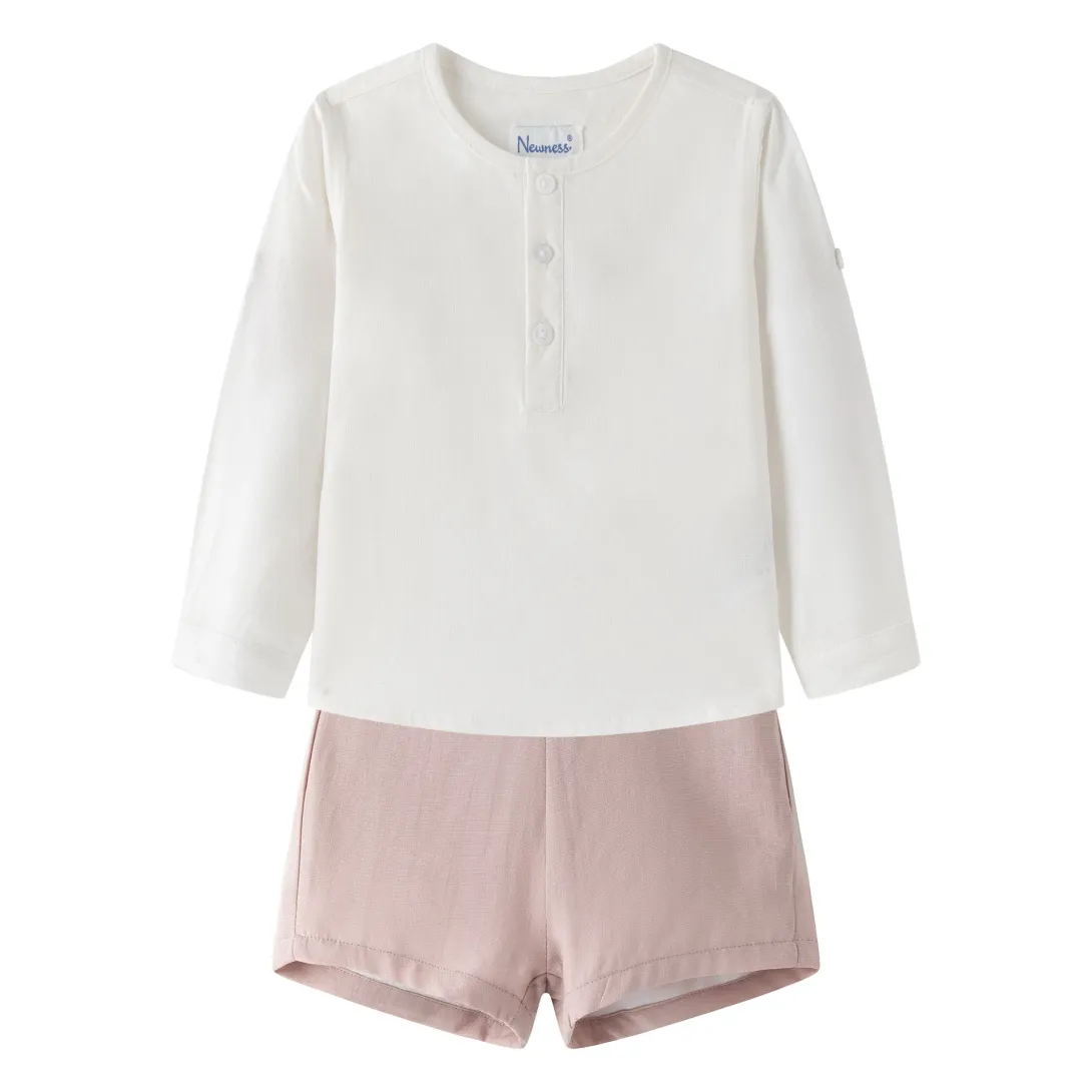 White long-sleeve top with pink shorts outfit set for children