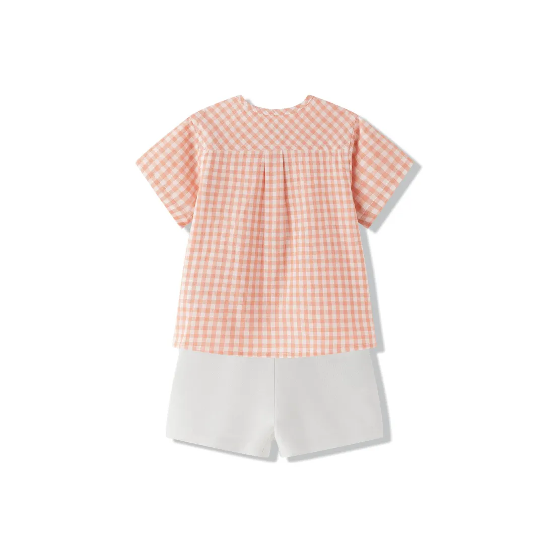 Orange and white gingham check short-sleeve top with white shorts outfit set