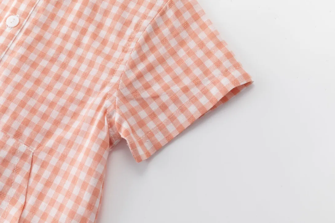 Orange and white gingham short sleeve with gathered detail