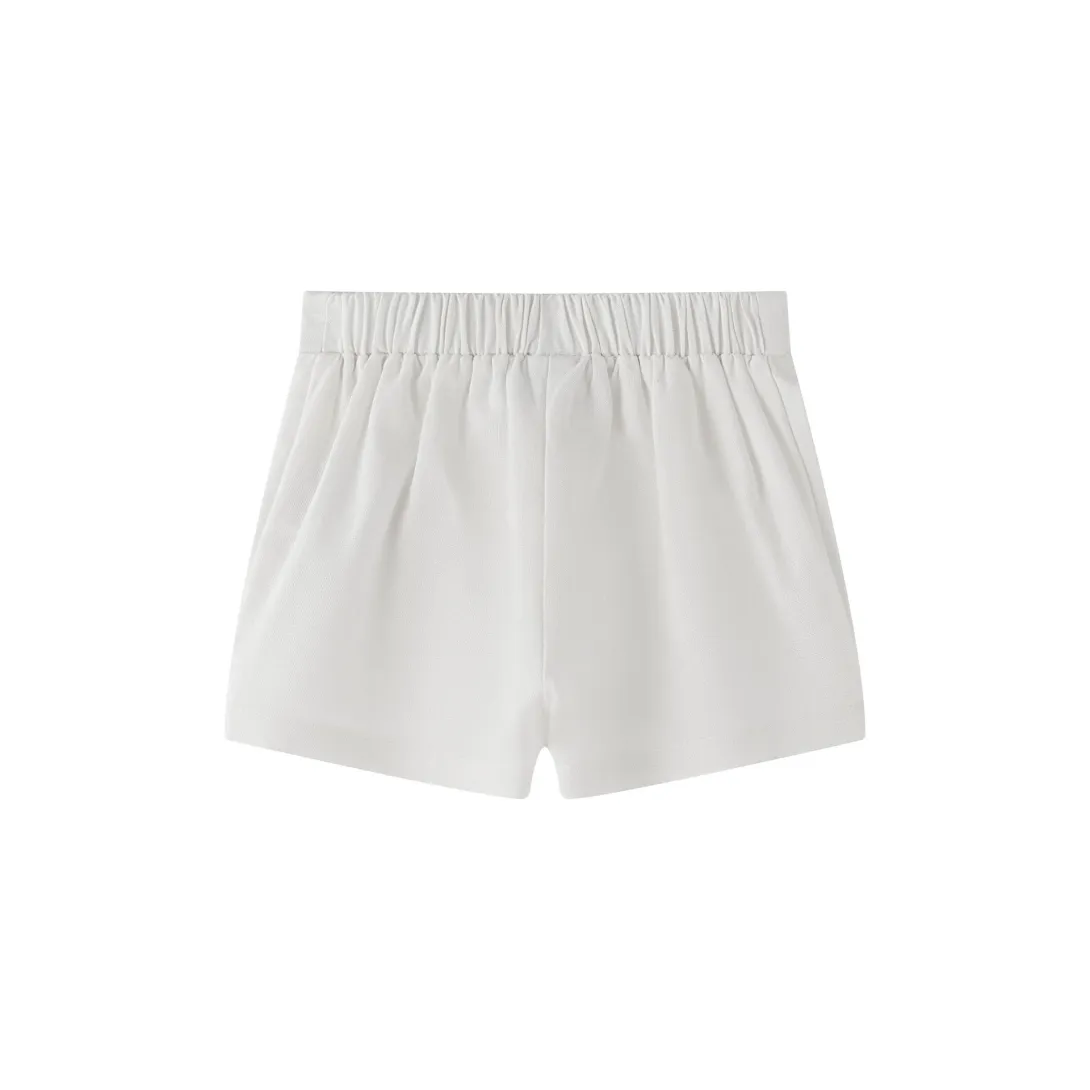 White elastic waistband shorts on white background