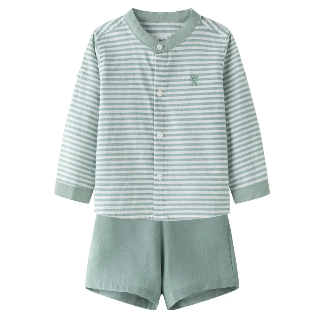Sage green striped long-sleeve top with matching solid shorts pajama set