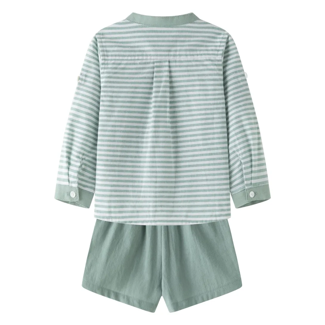 Green and white striped long-sleeve top with matching green shorts pajama set