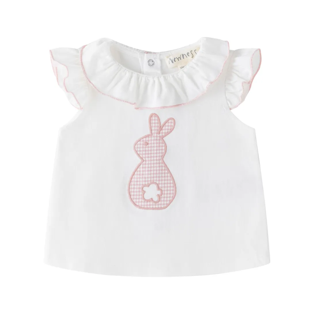 White baby top with ruffle collar and pink gingham bunny appliqué