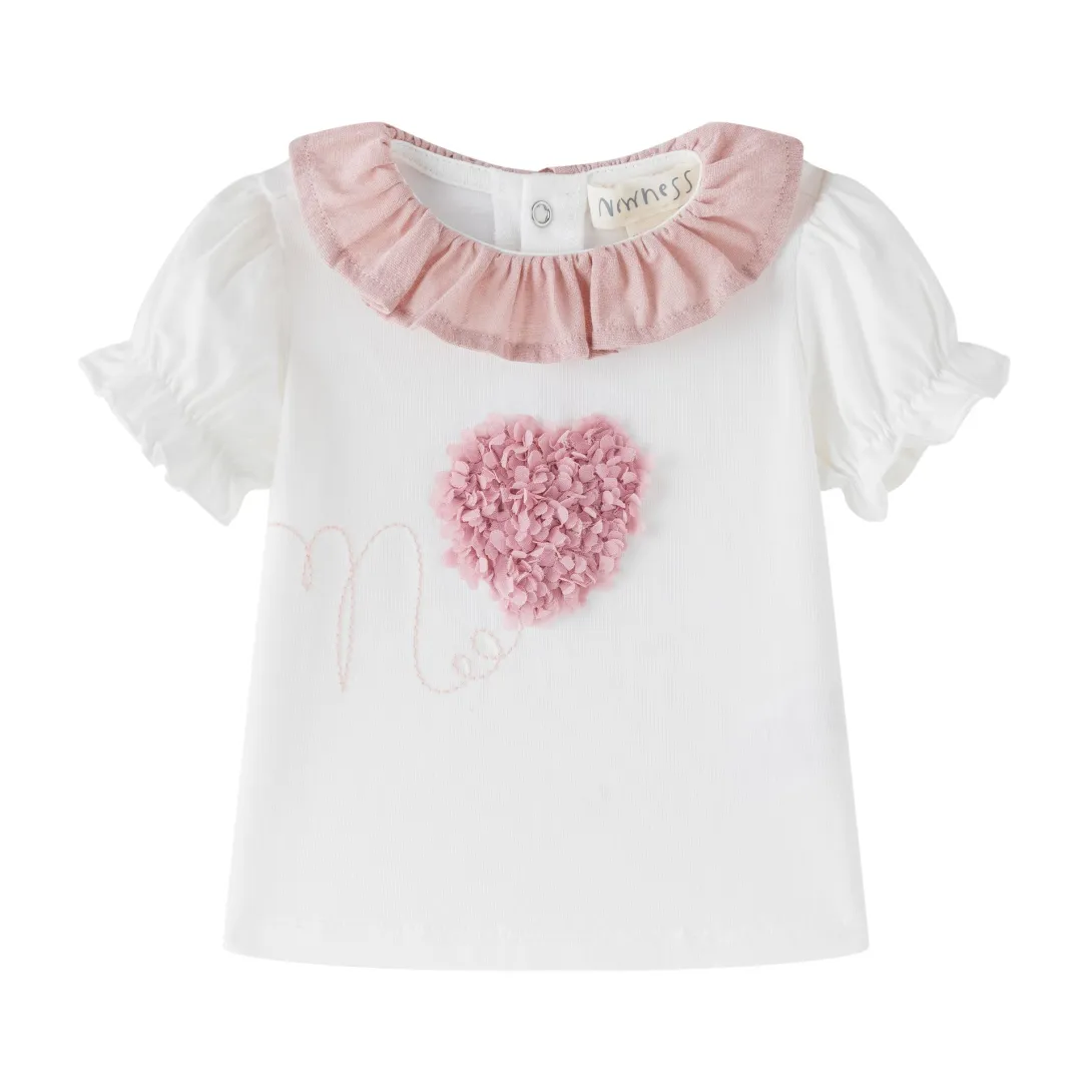 White baby top with pink ruffled collar and floral heart detail
