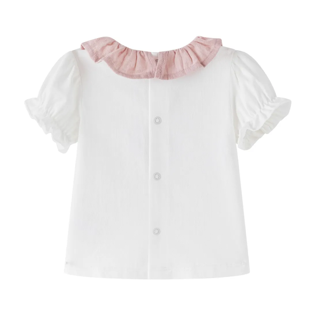 White blouse with pink ruffle collar and puffed sleeves