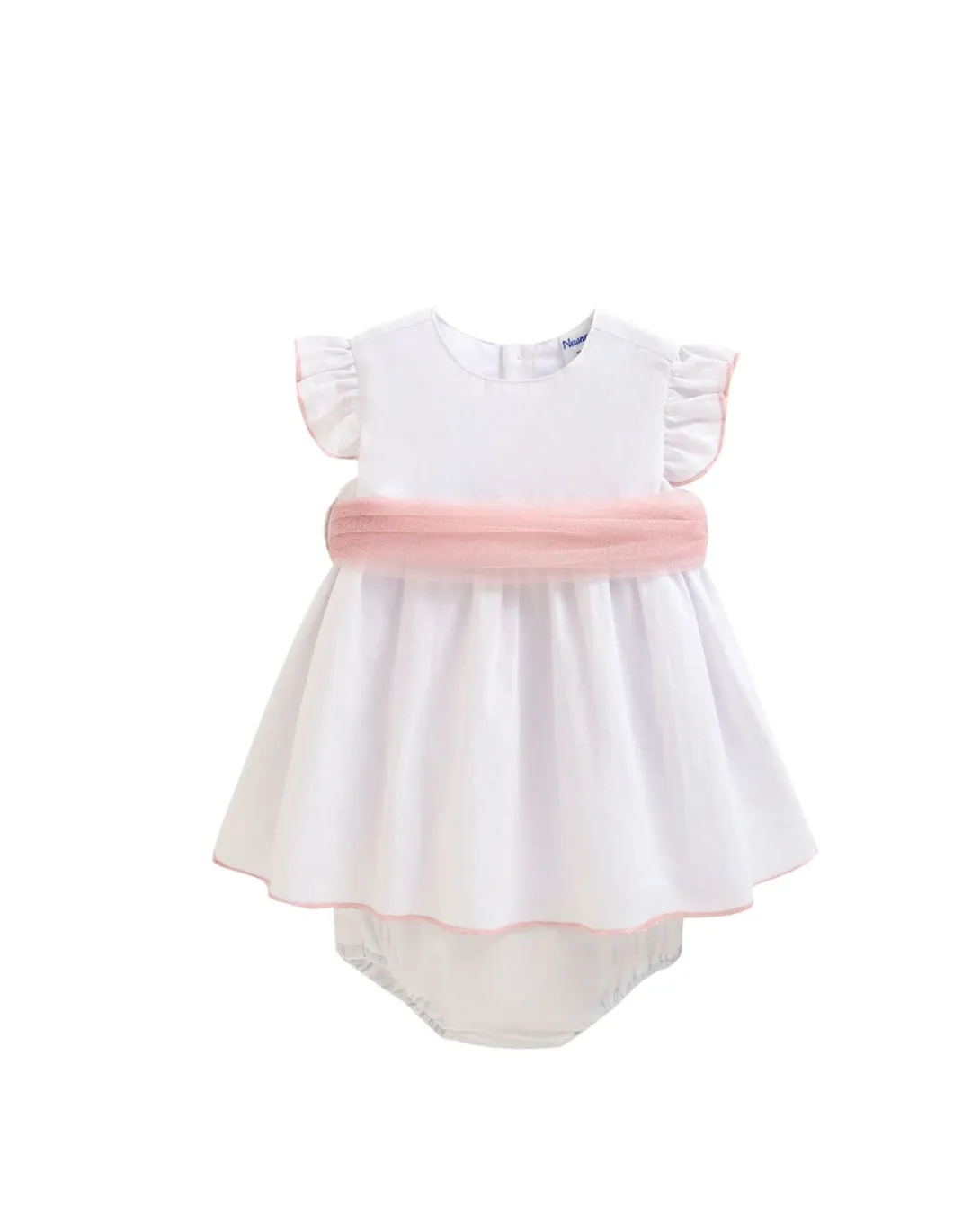 White baby dress with pink smocked waist and matching bloomers