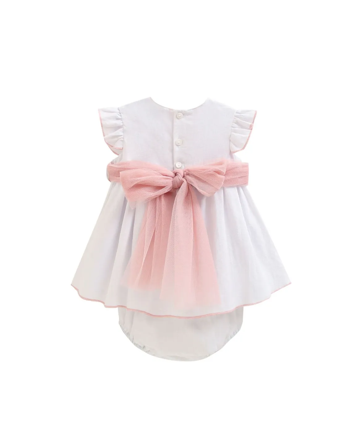 White infant dress with pink bow sash and matching diaper cover