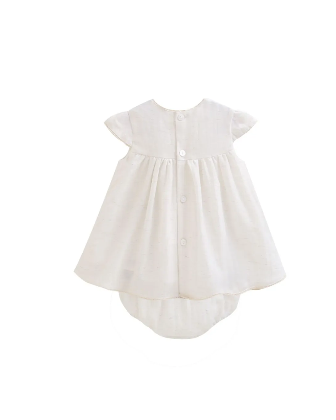 White baby dress with short sleeves and matching bloomers