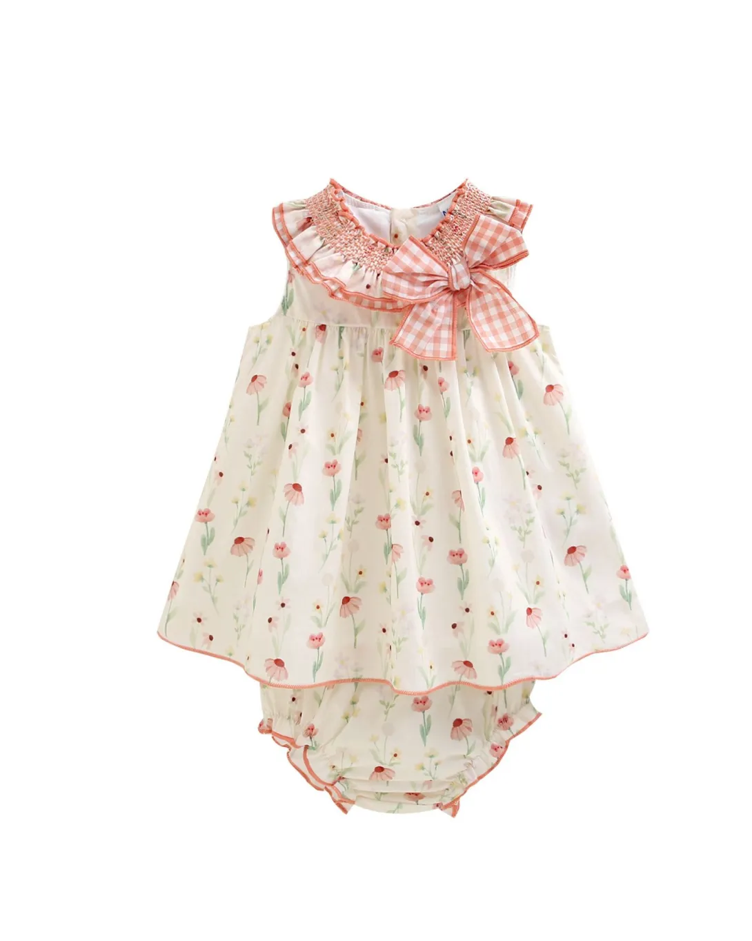 White dress with pink gingham collar and floral print, matching bloomers included