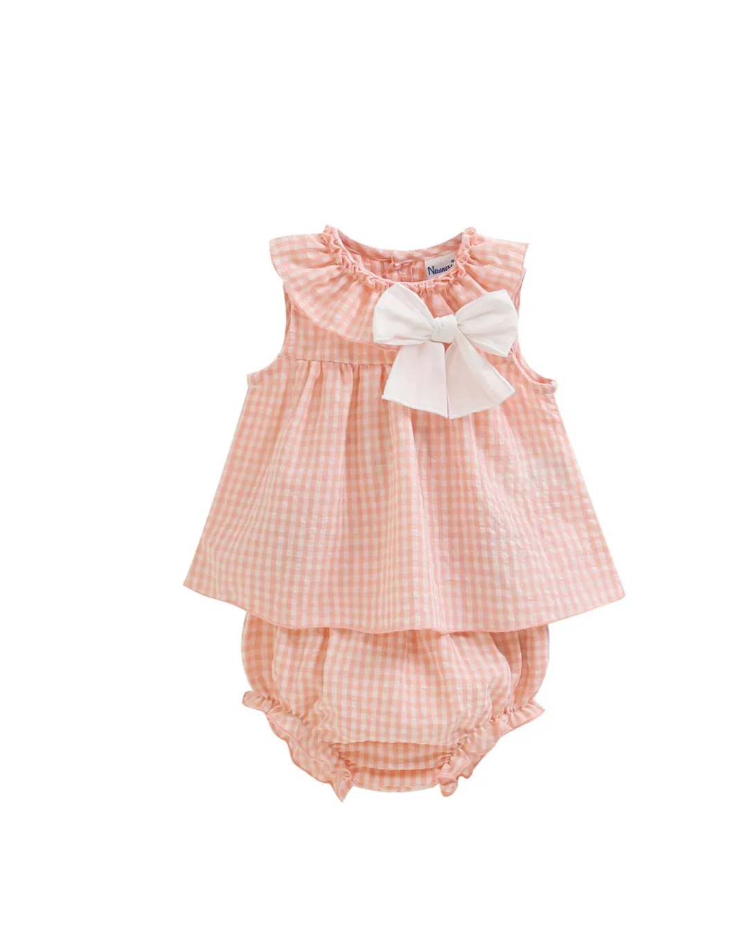 Pink gingham sleeveless baby dress with white bow and matching bloomers