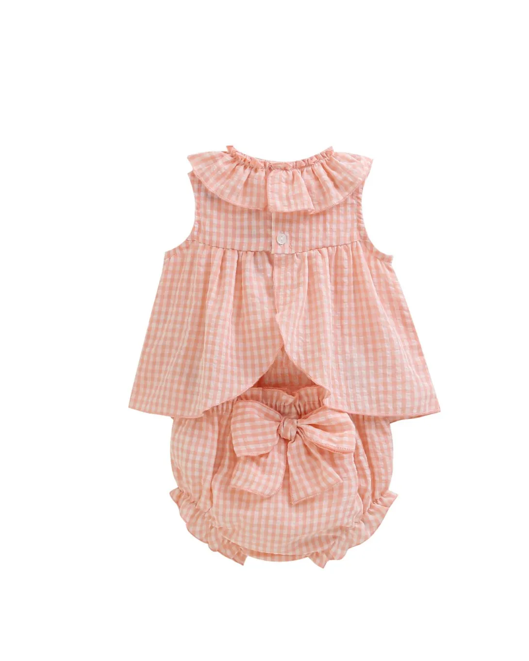 Pink gingham baby outfit with ruffled top and matching bloomers