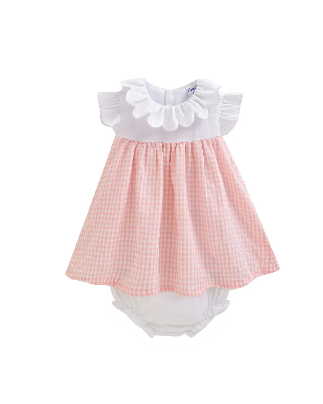 White and pink gingham baby dress with eyelet collar and matching diaper cover